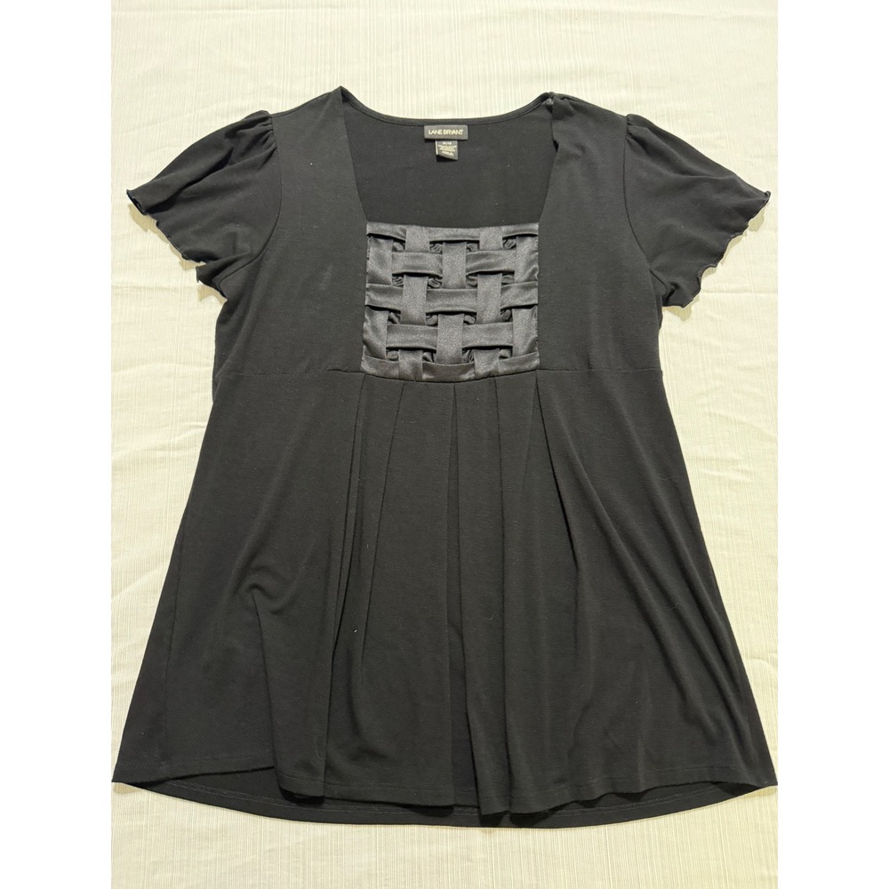 Lane Bryant Womens Black Short Sleeve Woven Lattice Neck Empire Waist Top 14/16